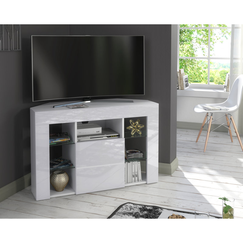 Venico02 White Corner TV Stand for TVs up to 45in with White LED Lights