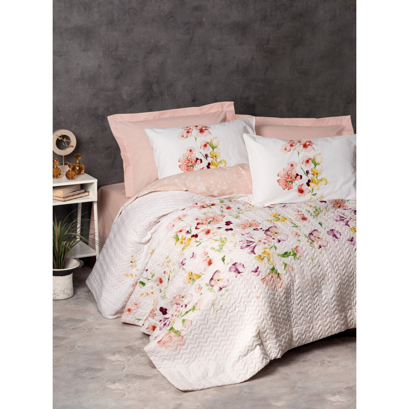 Ensemble de housse de couette simple Ranforce Four Seasons, saumon et blanc | 100% coton, housse de couette (71 x 91 po) et drap plat (63 x 95 po) | Lavable à la machine, fermeture à boutons | Literie douce, durable et élégante pour un confort toute l'année