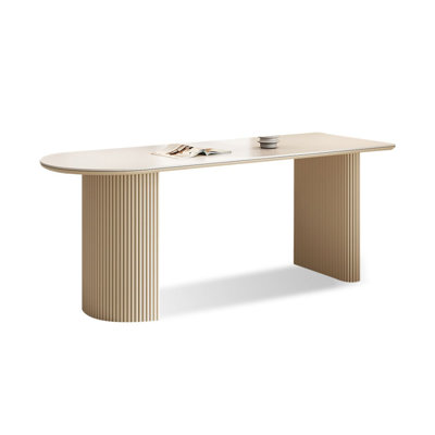 Bethel White + Crystal-cream Half-circle Sintered Stone + Manufactured Wood Dining Table