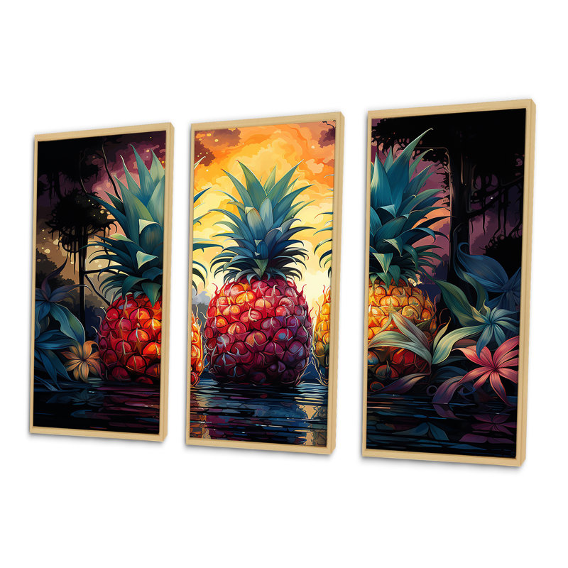 Ensemble de toiles murales ananas, Cadre naturel flottant, H 40 po x l 60 po x P 1 po