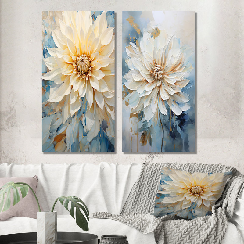 Simple dahlia beige et bleu - ensemble de 2 impressions murales en métal Dahlia, H 32 po x l 32 po