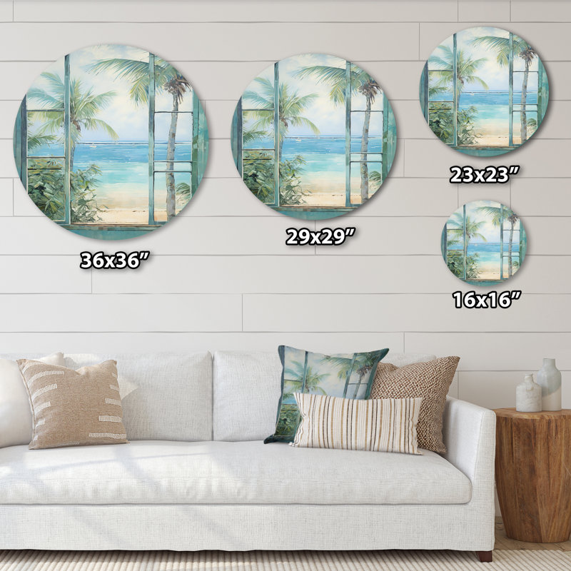 Fenêtre de plage tropicale, horizon I - bord de mer, art en métal rond, H 23 po x l 23 po