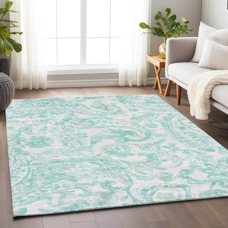 Tapis turquoise Prisco lavable à la machine de qualité supérieure, Rectangle 10 pi x 14 pi
