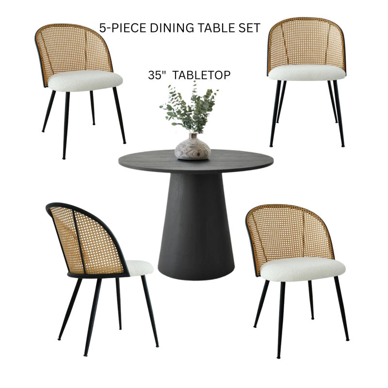 Ensemble 5 pièces de table de salle à manger ronde en bois et quatre chaises d'appoint en rotin chêne / blanc, Noir