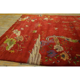 1920s Red Floral Antique Chinese Art Deco Water Bird Rug 8'2" x 9'8" Wool Carpet