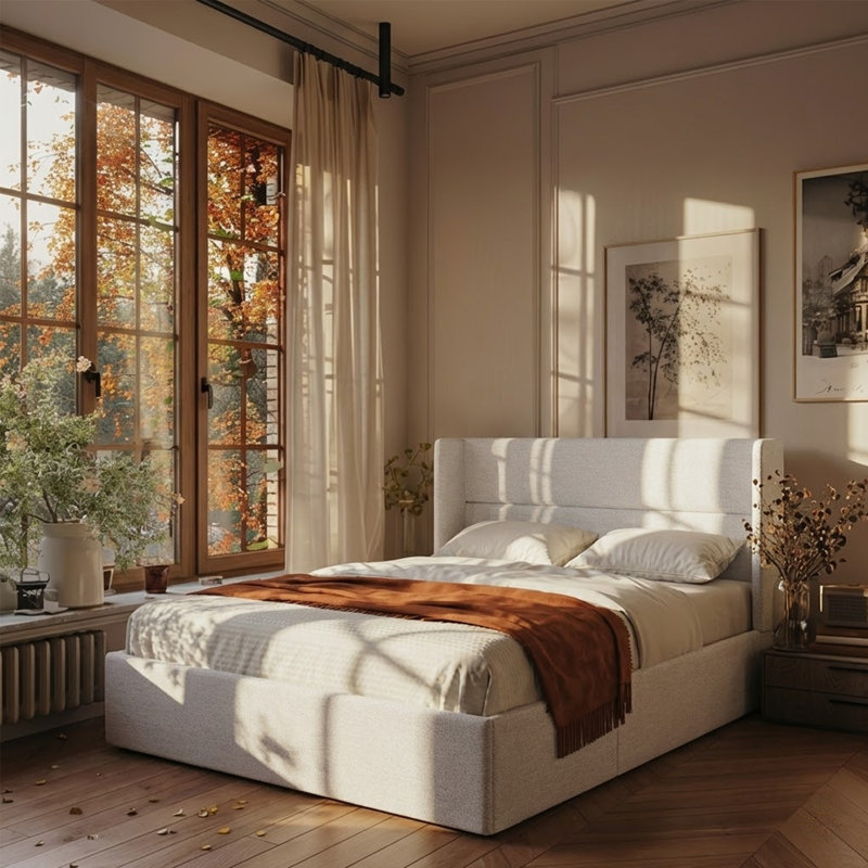 Lit plateforme tapissier avec rangement Gaillarde, Double, Blanc grisâtre