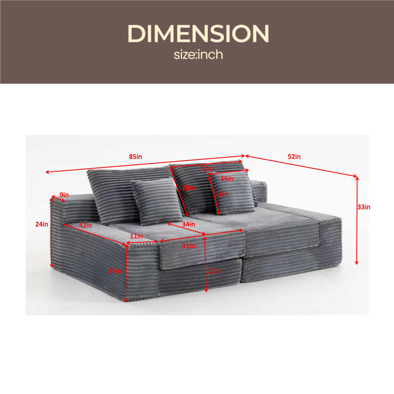 Méridienne double, canapé-lit moelleux en nuage, siège profond rembourré avec canapé en nuage désossé, aucun assemblage requis, causeuse en velours côtelé moderne pour la lecture dans la chambre à coucher