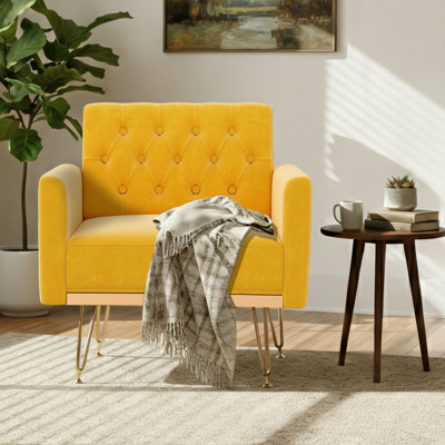 Modern Velvet Tufted Accent Chair with Gold Metal Legs