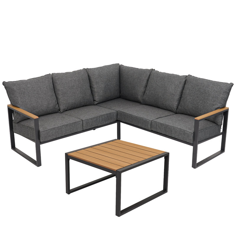 L-Shaped Outdoor Patio Sectional Sofa With Metal Frame And Cushions, Gray