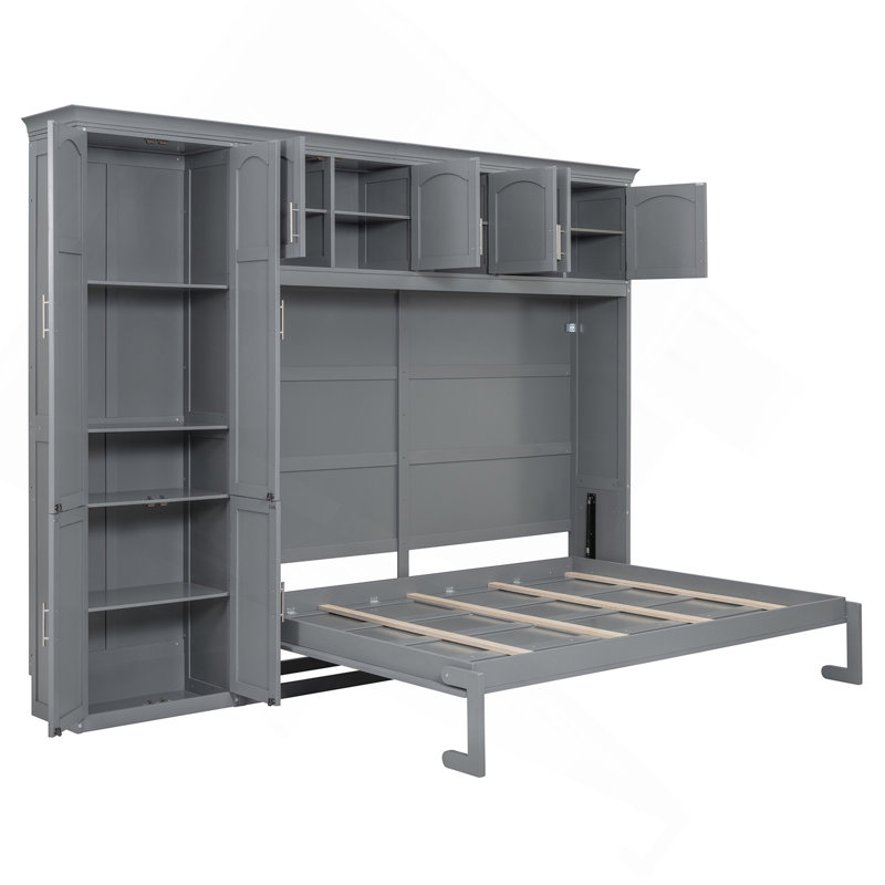 Grand lit escamotable mural avec armoires, gris