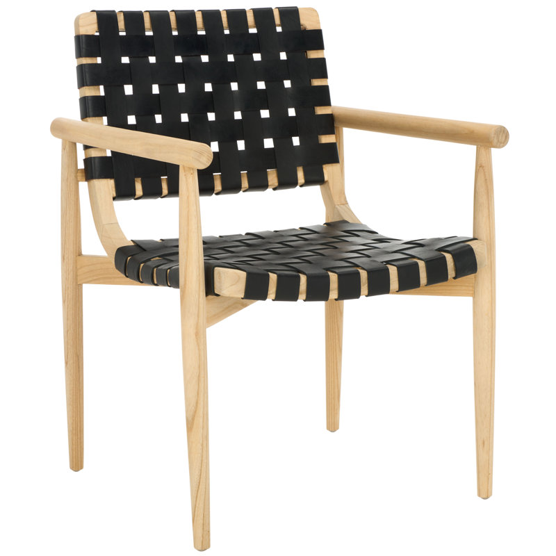 Fauteuil Keili de 22,83 po en cuir véritable, Cuir véritable noir, Bois de Sungkai naturel