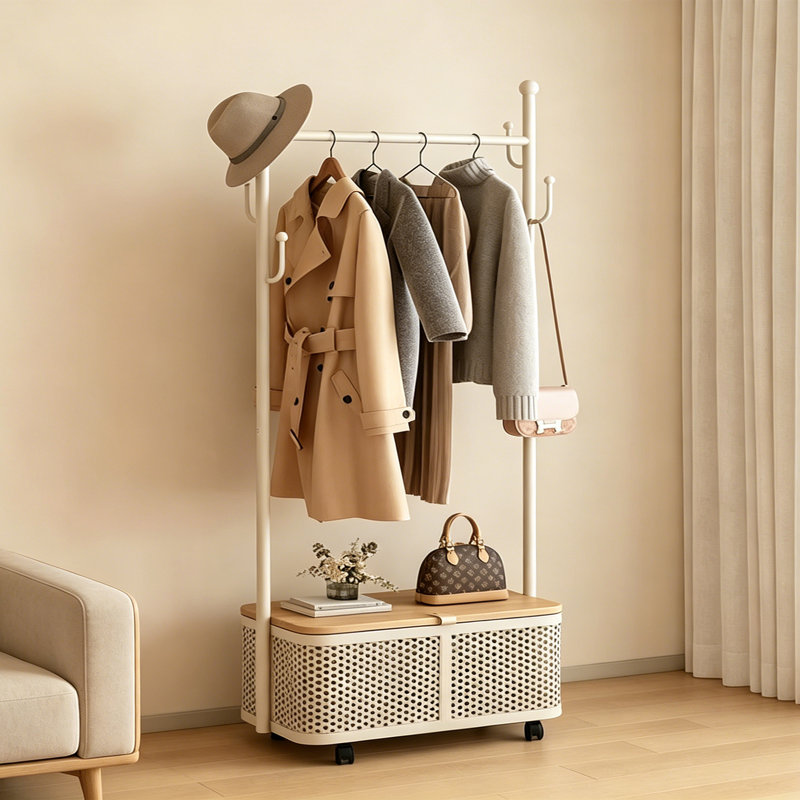 Rolling Hall Tree Rack, Cream/Natural