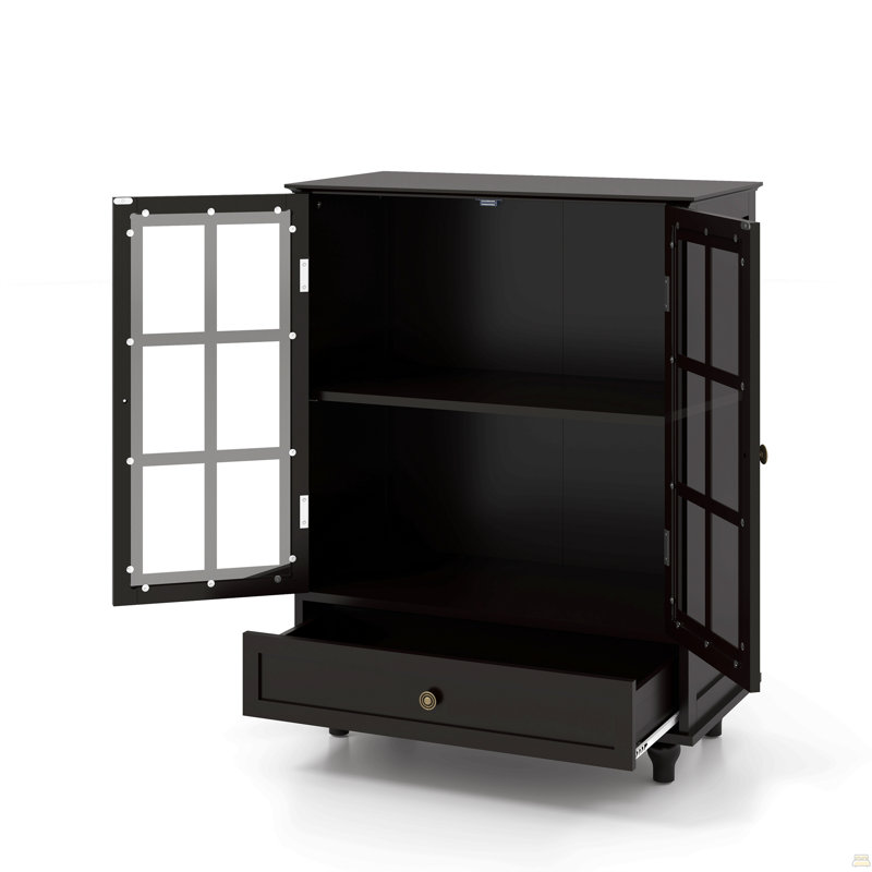 Buffet minimaliste noir avec portes à double vitrage et tiroir, armoire de rangement moderne en bois pour le salon, le vestibule et le vestibule (noir)