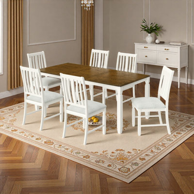 7-Piece Extendable Dining Table Set for 6, Farmhouse Oak Veneer Table and 6 Upholstered Chairs, Rubberwood Legs Space-Saving Dining Set for Family Din
