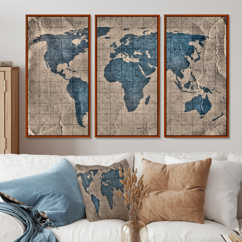 Ancienne carte du monde I - 3 pièces sur toile, cadre flottant, 40" H x 60" W, Brun