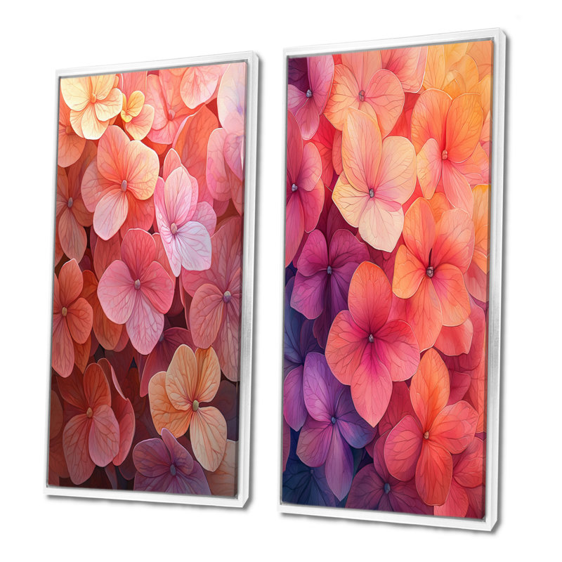 Hortensias dans la lueur du coucher du soleil I - Collection d'art mural floral 2 pièces, 40" H x 41" W, Cadre flottant blanc