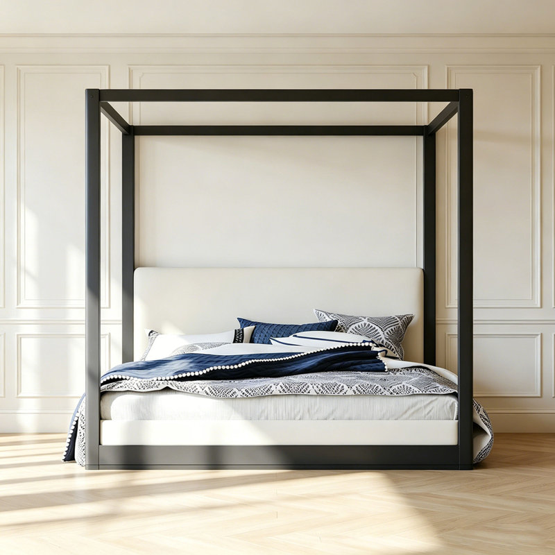 Lit plateforme à baldaquin en bois avec tête de lit tapissier, Noir, Très grand lit