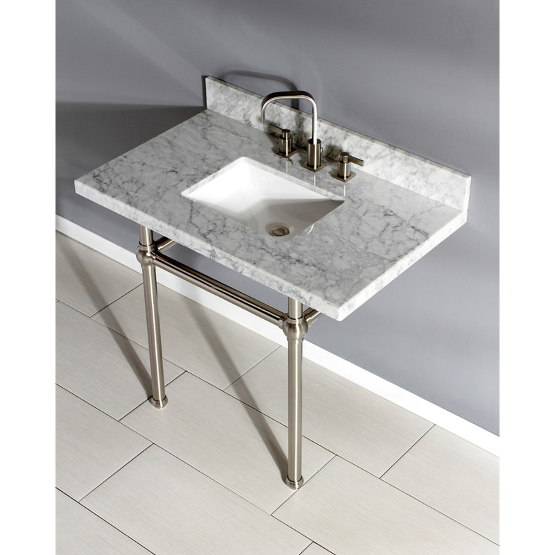 Kingston Brass Templeton 36-Inch Carrara Marble Vanity Top with Brass Legs (8-Inch, 3-Hole), Carrara Marble/Brushed Nickel