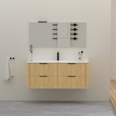 Meuble-lavabo mural 48 po en bois massif avec lavabo et dosseret en acrylique simple