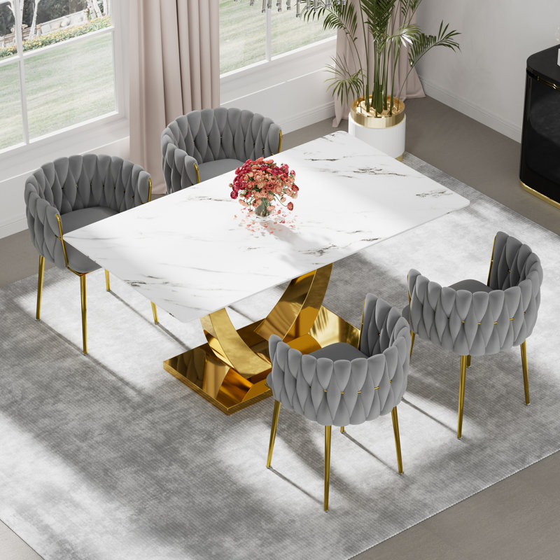 Ensemble de salle à manger rectangulaire à piédestal avec chaise tissée, Gris foncé