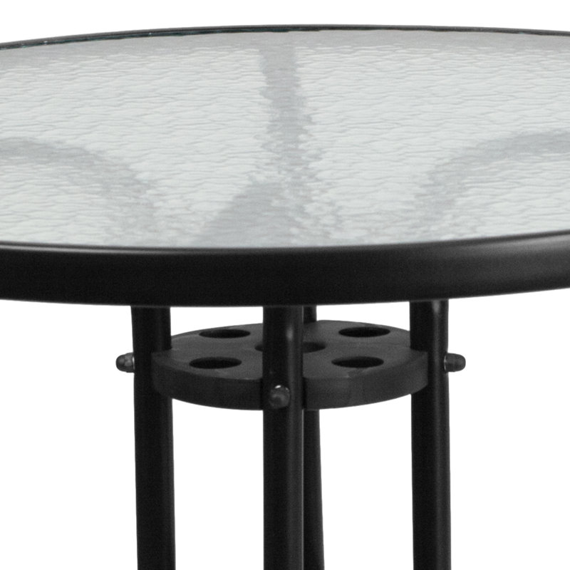 Amlie 31.5" Round Tempered Glass Metal Table with Smooth Ripple Design Top, Black