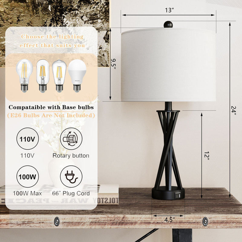  Lampe de table 24 po en métal noir moderne avec ports USB Type-C et abat-jour en lin, Noir