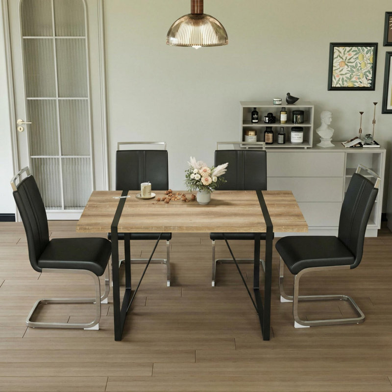Modern Spahn With Rectangular Table & 4 Pu Leather Chairs, Black/Silver