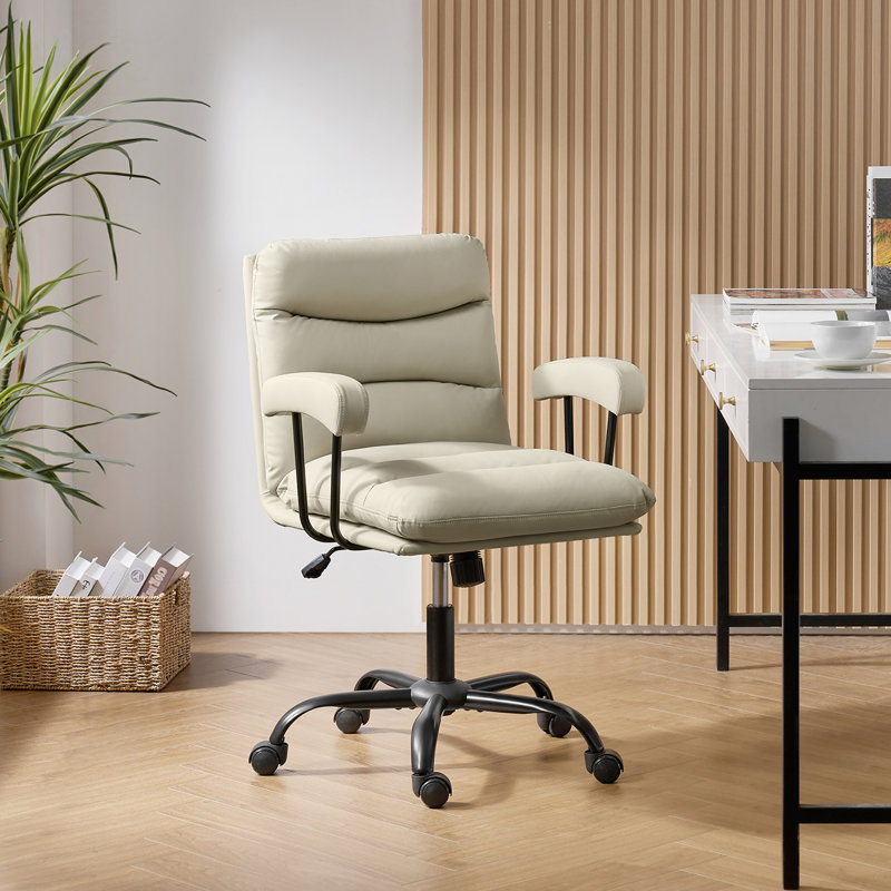 Kaynath Modern 25" W Faux Leather Office Chair with Lumbar Support, Ivory