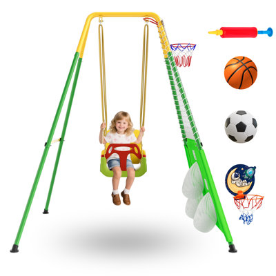 3-in-1 Toddler Swing Set with Basketball Hoop and Soccer Goals , Indoor/Outdoor Baby Swing with Foldable Metal Stand, Kids Swing Set for Backyard, Clear Instructions, Easy to Assemble & Store