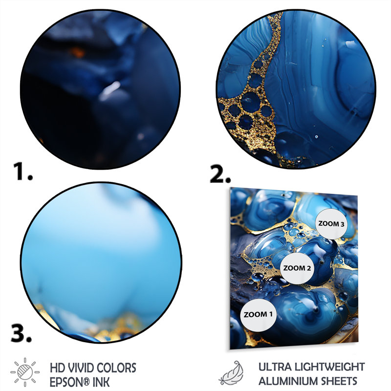Or et saphir bleu mosaïque de marbre I - impression abstraite d'art mural en métal, H 20 po x l 12 po x P 1 po