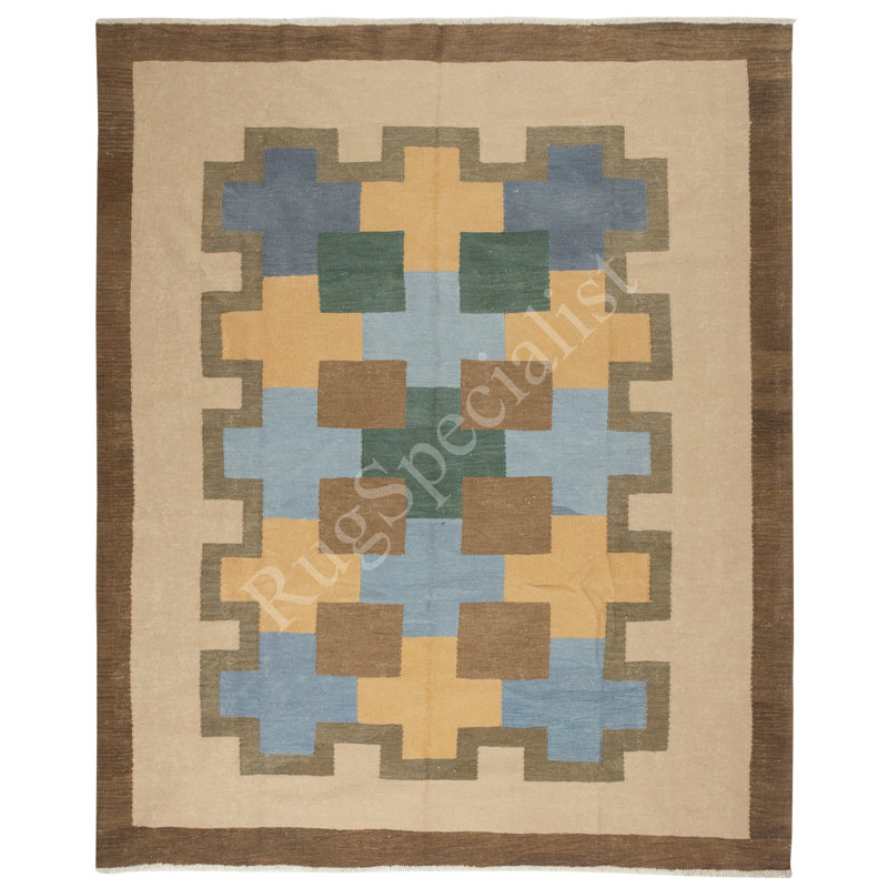 Tapis kilim tissé à la main de style scandinave moderne 8 x 10 pi «Flat Weave» avec motifs géométriques, 100% laine