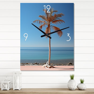 Sea Breeze Blue And Pink Plam Tree II - Coastal Wall Clocks