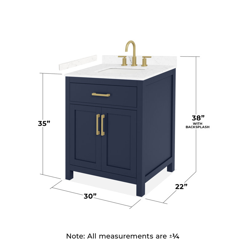 Meuble-lavabo simple de 30 po Beckett en bleu foncé, comptoir en marbre de culture de Carrare, lavabo carré encastré (3 trous), garniture or brossé