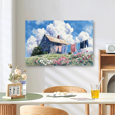 Laundry Hanging On Clothesline Daily Life Scene, Large Gallery Wrapped Canvas Wall Art Print for Living Room & Bedroom