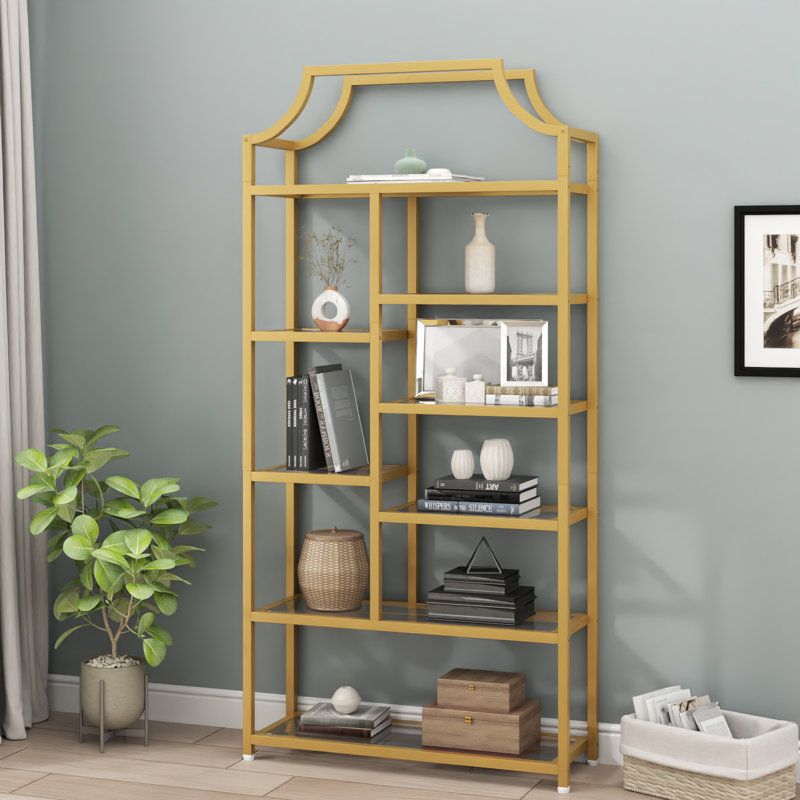 70.87" H Open Shelf Bookcase With Glass Shlves, 8-Tier Modern Display Shelf With Gold Finish Metal Frame