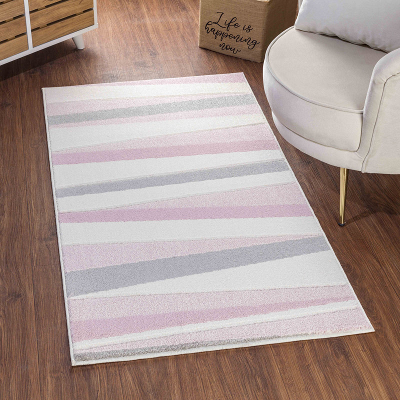 Ibn Children's Bedroom & Playroom Rug Pink/White, Rectangle 80 x 150cm