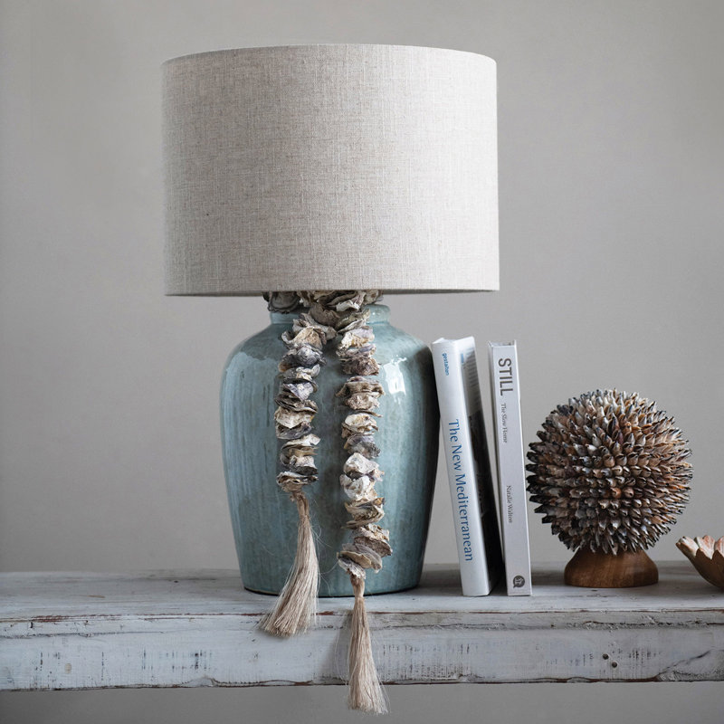 Lampe de table en grès avec abat-jour en lin et glacis réactif Holsworthy