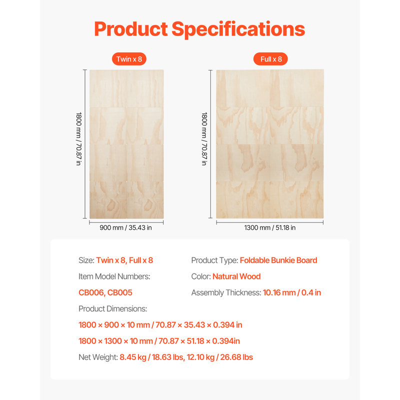 Bunkie Board, 0.4 in Foldable Bed Board Slats with Connection, Wooden Mattress Support for Bed, Support Under Mattress Boards, Ready to Use, 8 Piece, Burlywood