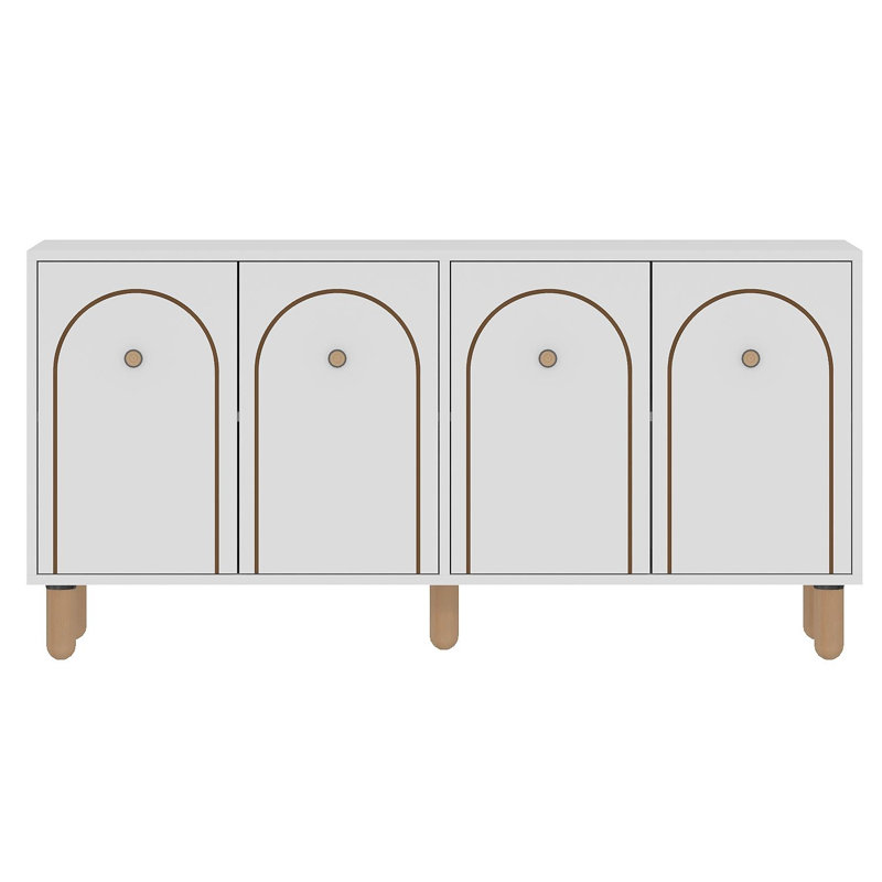 Console moderne blanche avec capacité de fixation murale, 59,1 po x 28,7 po x 14,2 po | 100% panneau de particules enduit de mélamine, épaisseur: 0,7 pouce | Pieds en bois et tablettes multiples, conception géométrique élégante pour la maison et le bureau