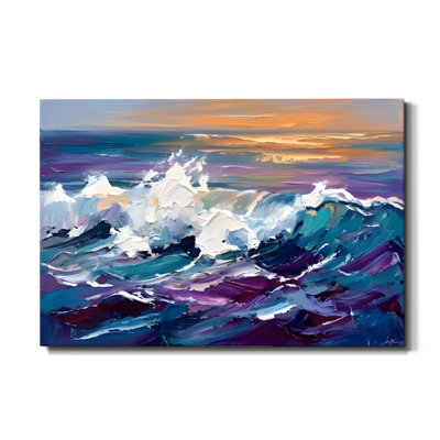 Tableau impressionniste en impasto représentant des vagues déferlantes, impression sur toile tendue sur châssis, 61 x 91 cm, bleu et blanc, décoration murale pour salon, chambre et bureau.
