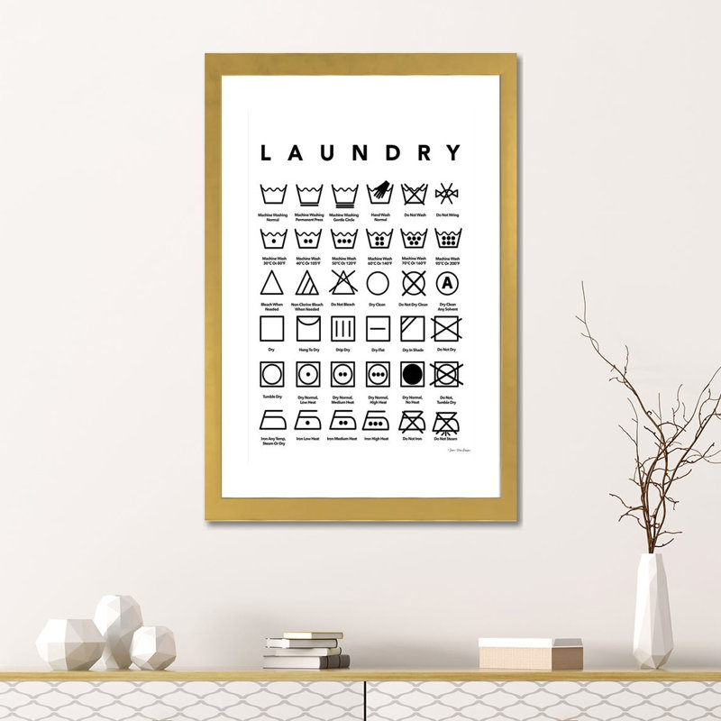 «Laundry Symbols» par Seven Trees Design - impression d'art textuel, 24" H x 16" W x1" D, Blanc, Gold Paper
