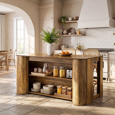 55" Kitchen Island with Storage Shelves, Farmhouse Wooden Stationary Island Table, Counter Bar Height Table for Kitchen, Dining Room