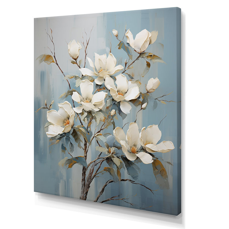 Minimalisme blanc et bleu Magnolias Florescence III sur toile, White Picture Framed, 32" H x 24" W