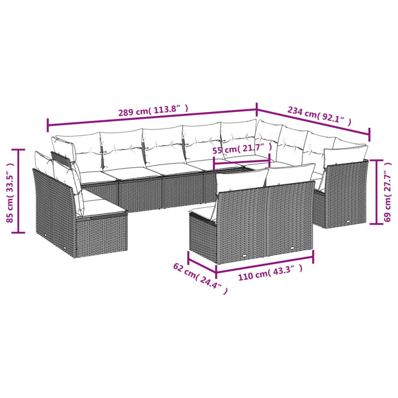 Ensemble de canapé de patio 13 pièces avec coussins en rotin de polyester gris