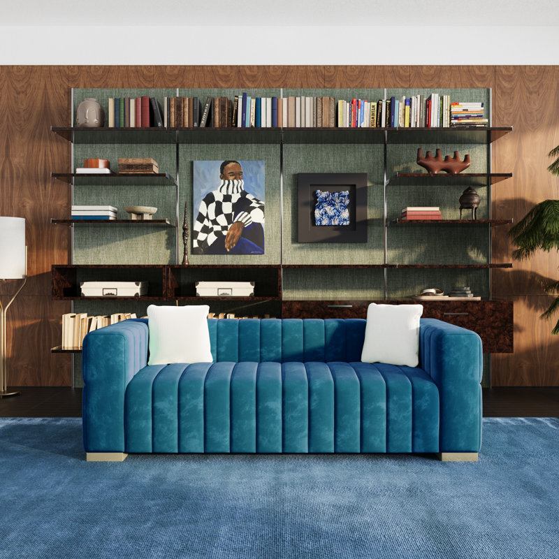 Charlesworth 82'' Velvet Square Arm Sofa with 2 Pillows, Modern Channel-Tufted Couch with Metal Legs, Luxury Wide Loveseat for Living Room, Blue