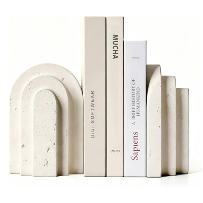 Beige Layered Arch Concrete Bookends, Heavy Duty Aesthetic Book Stoppers for Home Office Shelf Decor