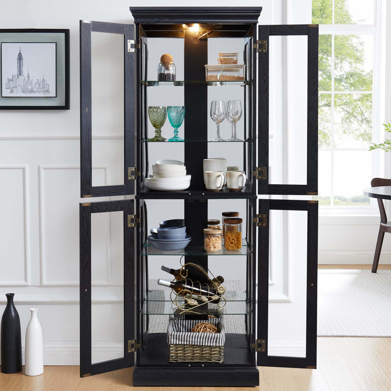 Elegant Lighted Glass Curio Display Cabinet - Wooden Frame Storage for Living Room, Kitchen & Pantry - Includes Light Bulb - Ideal for Wine, Toys & Collectibles