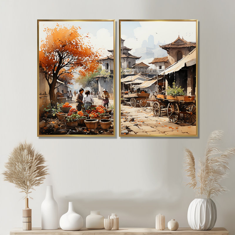 Vietnamese Countryside Market II - Art mural brun à 2 panneaux, 36" H x 48" W, Impression encadrée flottante, Gold