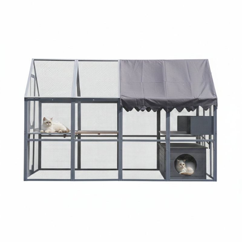 Enclos pour chat gris de 110 pouces pour l'extérieur avec parc pour chatons, comprenant plusieurs plateformes et une housse imperméable améliorée.