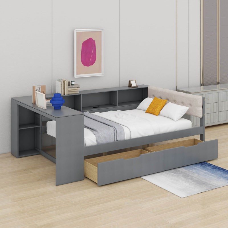 Lit plateforme double avec tablettes, tiroirs et tête de lit tapissier, Lit double, Gris